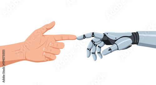A human hand's index finger gently touches the index finger of a metallic robotic hand on a pristine white background.