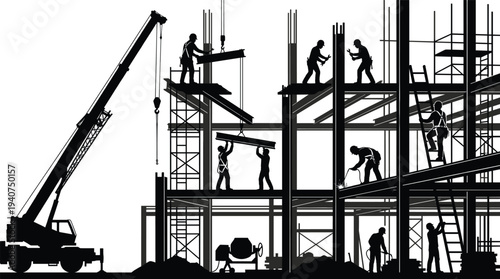 Silhouette of construction workers building steel frame structure with mobile crane and cement mixer on industrial site for engineering and urban development projects