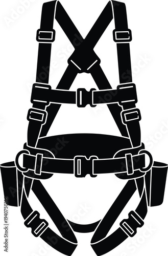 Two black safety harness silhouettes isolated on white background, professional fall protection equipment for construction, climbing, industrial work, roofing, and height safety projects