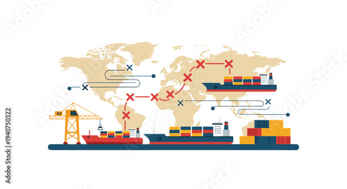 Three cargo ships and a crane are positioned around a world map with marked shipping routes and container stacks on a white background.