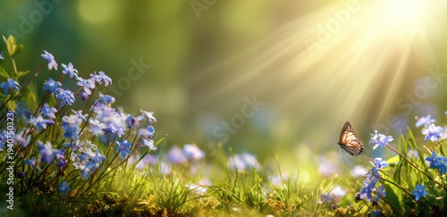 Beautiful Spring Meadow with Blue Flowers and Butterfly in Golden Sunlight.