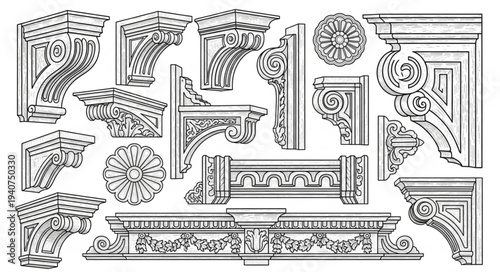 Collection of ornate architectural decorative elements and brackets.