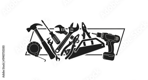 Collection of various hand tools and power drill.