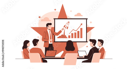 A male presenter in a suit addresses a seated audience of six, pointing to a rocket launch on a screen with a bar graph in a conference room.