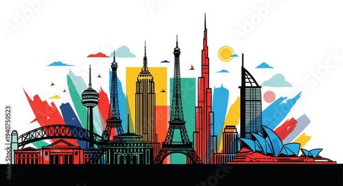 Colorful Skyline of Famous World Landmarks Illustration.