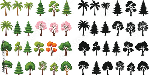 Collection of flat vector tree illustrations and black silhouettes including palm pine oak and cherry blossom isolated on white background for nature 