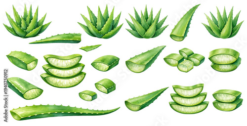 A charming watercolor collection of aloe vera plants with whole leaves, sliced gel pieces, and fresh green foliage for botanical plant illustrations and natural skincare design.