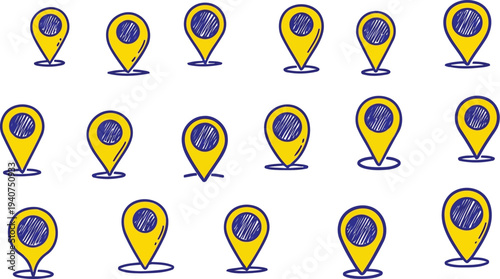 Hand Drawn Yellow Map Pin Icons for GPS Location Navigation