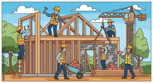 Construction workers building a house frame with tools and equipment.