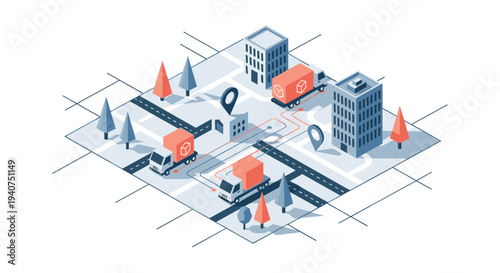 An isometric city map shows delivery trucks with orange packages following a dotted red route between buildings and trees.