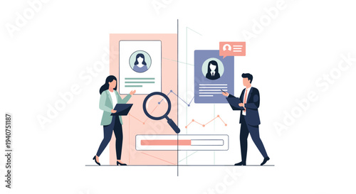 A man and a woman analyze profile cards on a split screen with a magnifying glass and progress bar in the foreground.