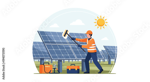 A worker in an orange vest and hard hat cleans a large solar panel with a brush amidst rows of panels under a bright sun.