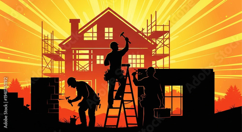 Construction workers building a house with scaffolding and tools.