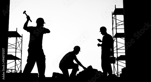 Construction workers silhouette building structure at daytime.