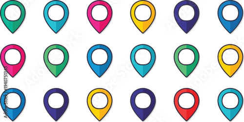 Vibrant flat coordinate geolocation indicators with dark borders