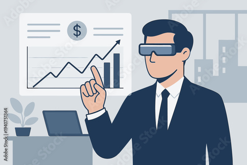 Businessman in VR headset analyzing financial growth chart on screen