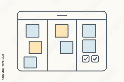 Kanban board with sticky notes and checkboxes for project management and task tracking