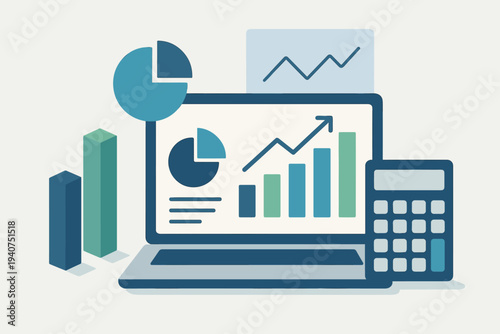Business analytics and financial data visualization on laptop screen with calculator