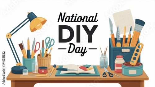 National diy day workspace with tools and supplies on a wooden desk