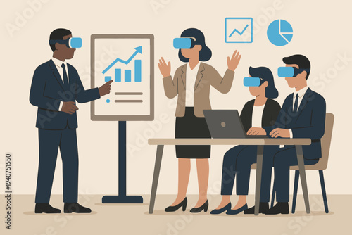 Business team using virtual reality headsets for immersive data analysis and presentation