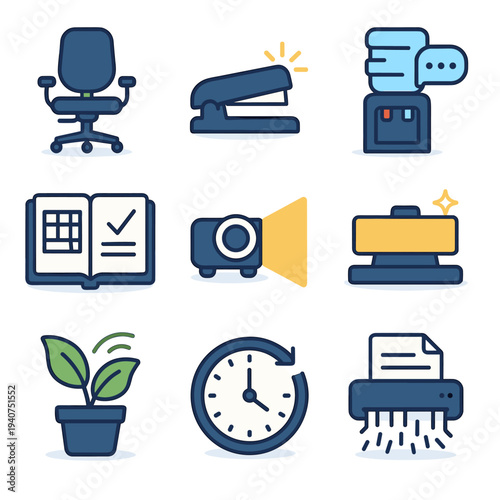Collection of modern office icons representing productivity and daily tasks