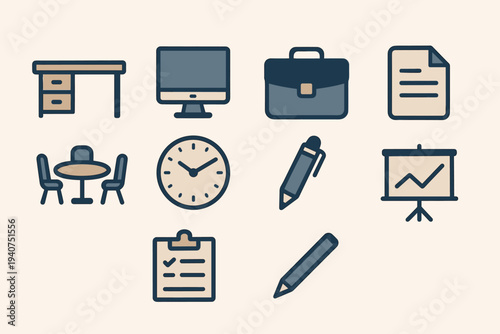 Collection of business and office icons in a flat design style
