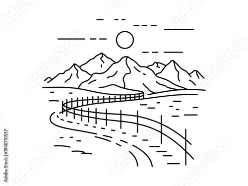 Winding country road beside fence illustration.