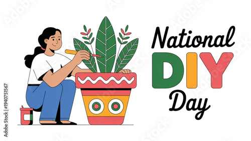 Woman painting pot on national diy day with plant and colorful design
