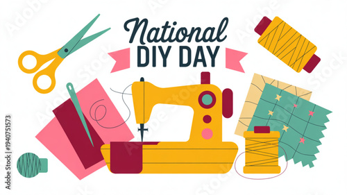 National diy day illustration with sewing machine scissors threads and fabrics on white background