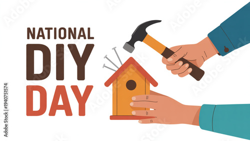 Hands building birdhouse on national diy day with hammer and nails