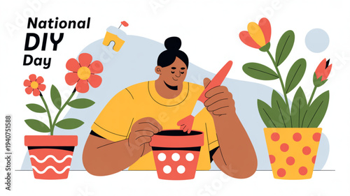 Person gardening plants in pots on national diy day with flowers and tools