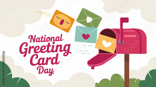National greeting card day illustration with colorful mailbox and heart shaped cards flying out