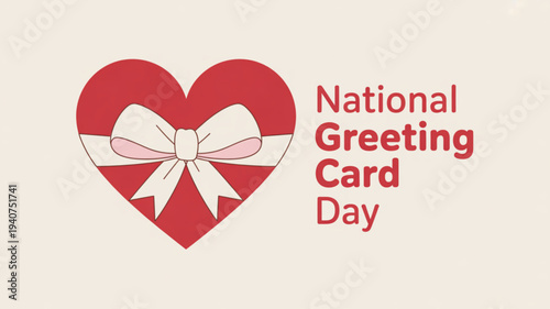 National greeting card day heart symbol with bow and text on beige background