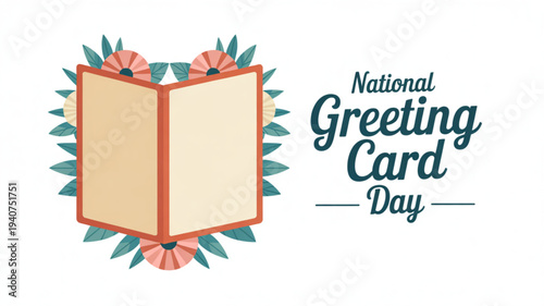 National greeting card day celebration with blank card and floral design on white background