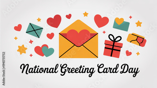 National greeting card day celebration with colorful hearts gifts and envelopes on a white background
