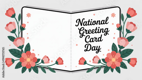 National greeting card day illustration with pink flowers and open card on gray background
