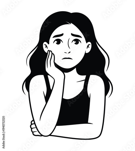 Woman rests face in hand showing worry.