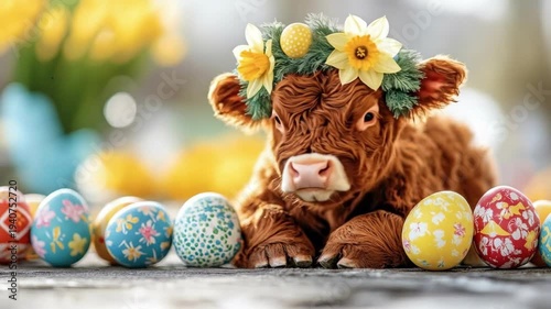 Adorable calf with flower crown surrounded by colorful easter eggs. Easter, Pascha, Paskha, Ostern, Pascua, Paques - Orthodox and Catholic Holiday celebration