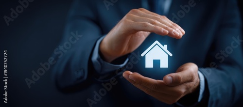 Businessmans hands protect a glowing house icon, symbolizing home insurance, property protection, and real estate security.