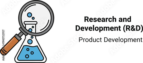 Magnifying glass examines bubbling liquid in a laboratory flask representing research and development concepts.