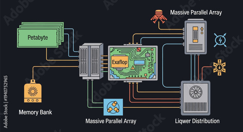 High performance computing cluster diagram illustrates data flow between memory banks, Exaflop processing, and cooling.