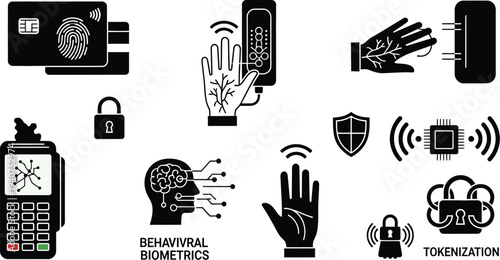 Biometric security icons depict various methods including fingerprint scanning, hand vein recognition, and tokenization for.