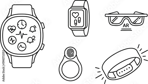 A collection of wearable technology icons features smartwatches displaying health metrics, augmented reality glasses,.