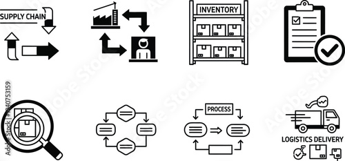 A collection of business process flow diagrams illustrates supply chain management, inventory checking, and logistical.