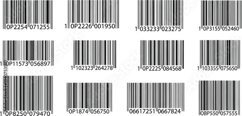 Twelve individual UPC barcode labels with alphanumeric product identification numbers are presented in a grid format.
