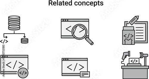 Various programming and database concept icons display related software development topics on a white background.