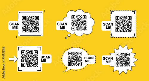 Multiple quick response codes are displayed within diverse graphic containers encouraging user interaction with scan me.