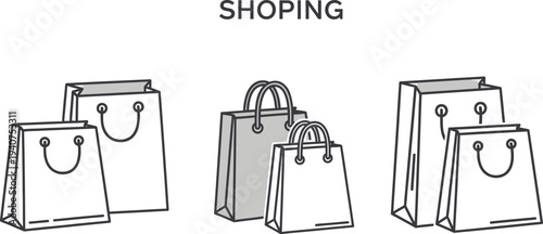 Assortment of three pairs of blank paper shopping bags with handles are displayed in a minimalist line art style above the.