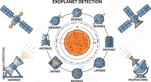 Diagram illustrates various exoplanet detection methods orbiting a central star with labeled scientific instruments.