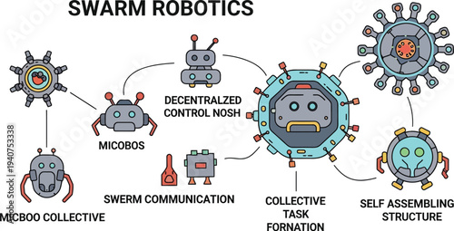 Swarm robotics diagram illustrates decentralized control and self-assembling structures connecting various robot units.